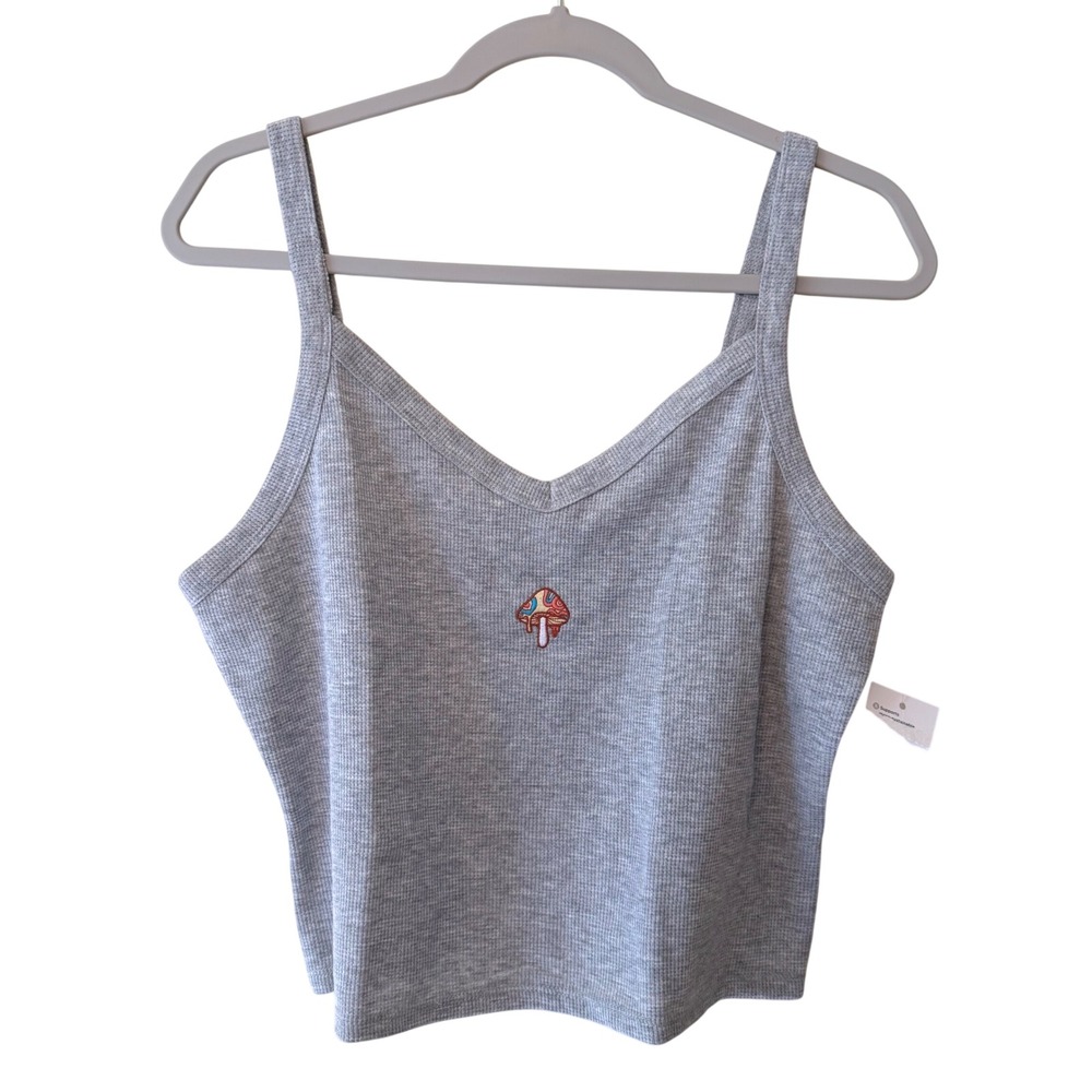 Psychedelic Mushroom Embroidered Waffle Knit Cami Tank Top Gray XXL Juniors